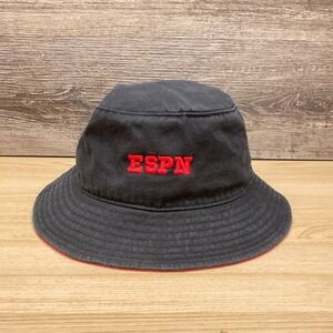 Vintage ESPN Hat Cap Bucket Black Red Sports Network TV Promo Logo Sun Summer